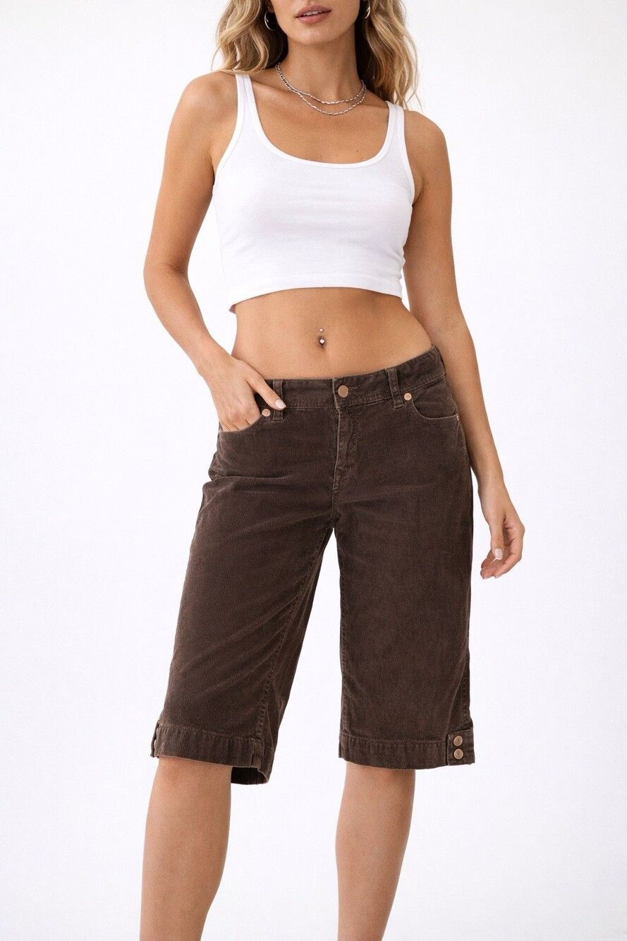 Y2K Low Rise Bermuda Short Brown Corduroy Minimalist Knee Length 10
